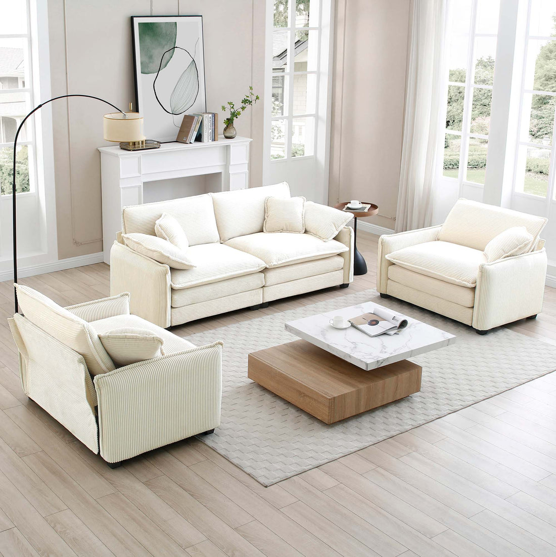 Luxurious And Sophisticated Sofa Set With Soft Cushions And Pillows, Sofa Set For Living Rooms And Clubs As Well As Home Theaters, Consisting Of Two Single Sofas And A 2 Seaters Sofas In Beige Cordur Beige Corduroy 4 Seat