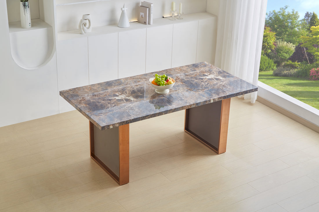 Faux Marble Mdf Dinning Table For 6 Or 8,Rectangular 70.8"L*35.4"W*29.8"H, Luxurious Rocky Stone Effect Top Stainless Steel Legs Modern, Durable, Easy To Assemble For Kitchen Living Room Meeting Brown Brown Grey Seats 6 Gray Ergonomic Desk And Hutch