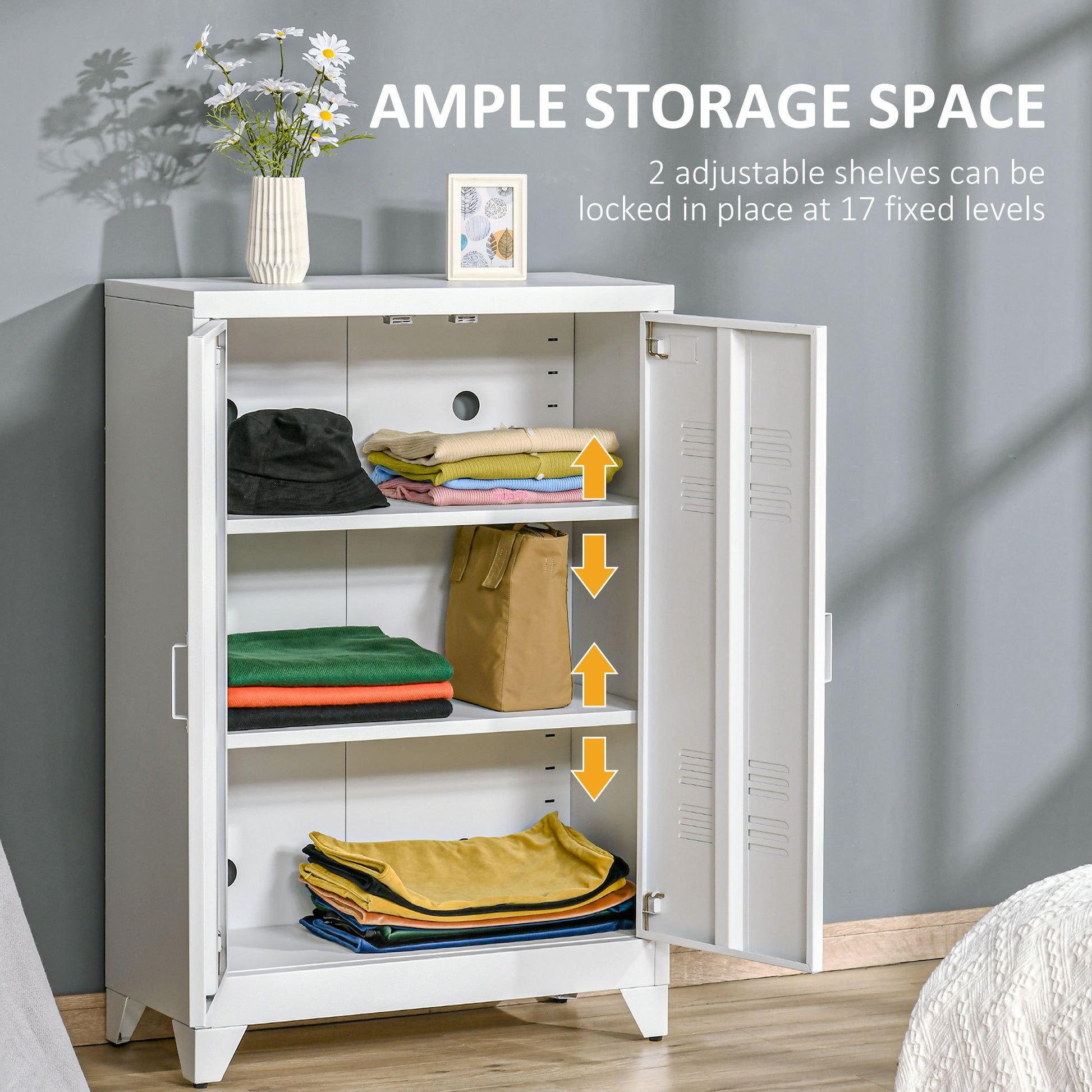 Homcom Industrial Storage Cabinet, Steel Garage Cabinet With Double Doors And Adjustable Shelves, White White Metal