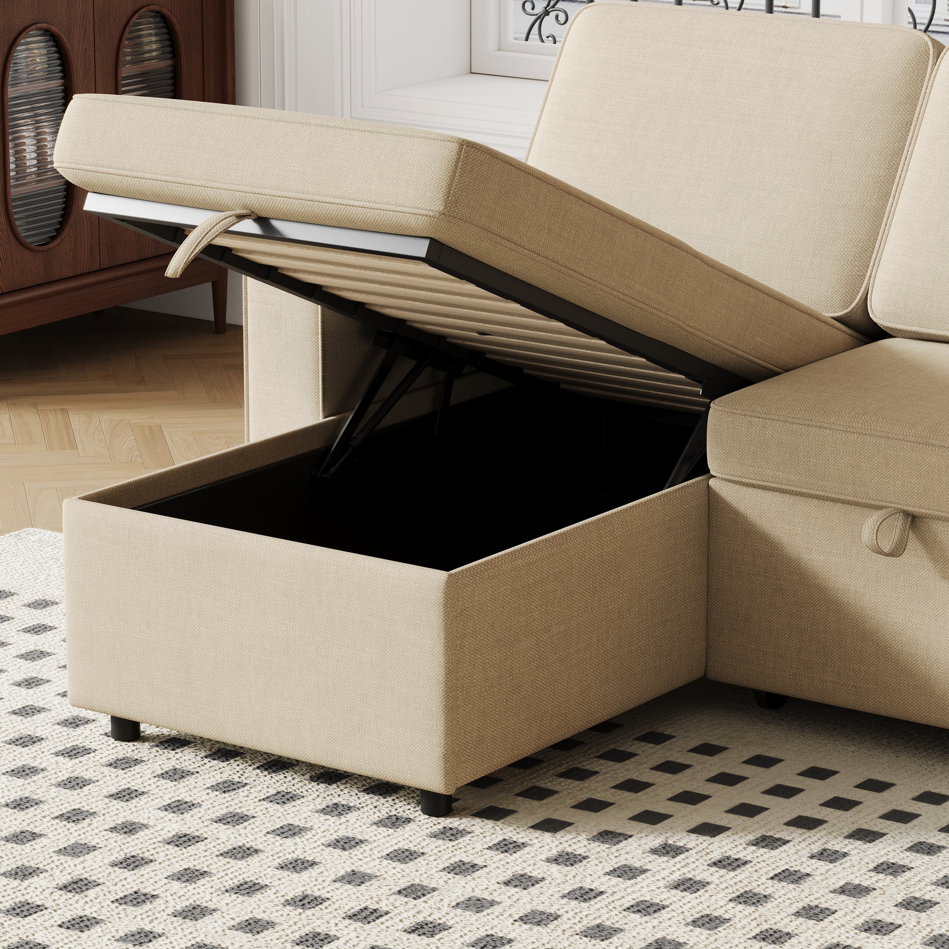 85.8" Pull Out Sleeper Sofa L Shaped Couch Convertible Sofa Bed With Storage Chaise And Storage Racks,With Usb Port And T Pyce Port Beige Fabric 3 Seat