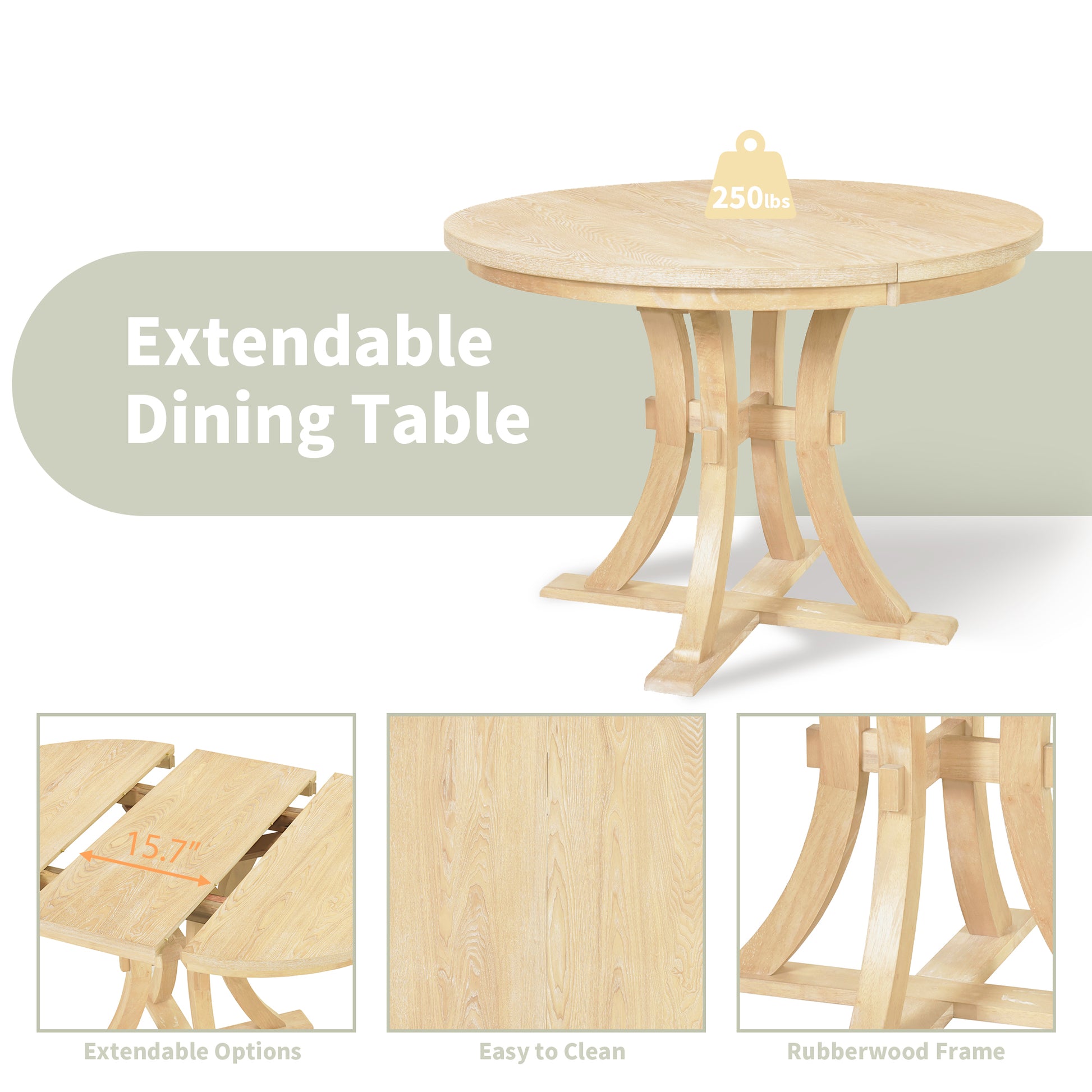 5 Piece Rustic Round Pedestal Extendable Dining Table Set With 15.7" Removable Leaf And Simple Dining Chirs For Small Places, Natural Wood Dining Room Extendable Rubberwood Oval Dining Table With Chair Wood Wood Natural Seats 4 Removable Leaf Farmhouse