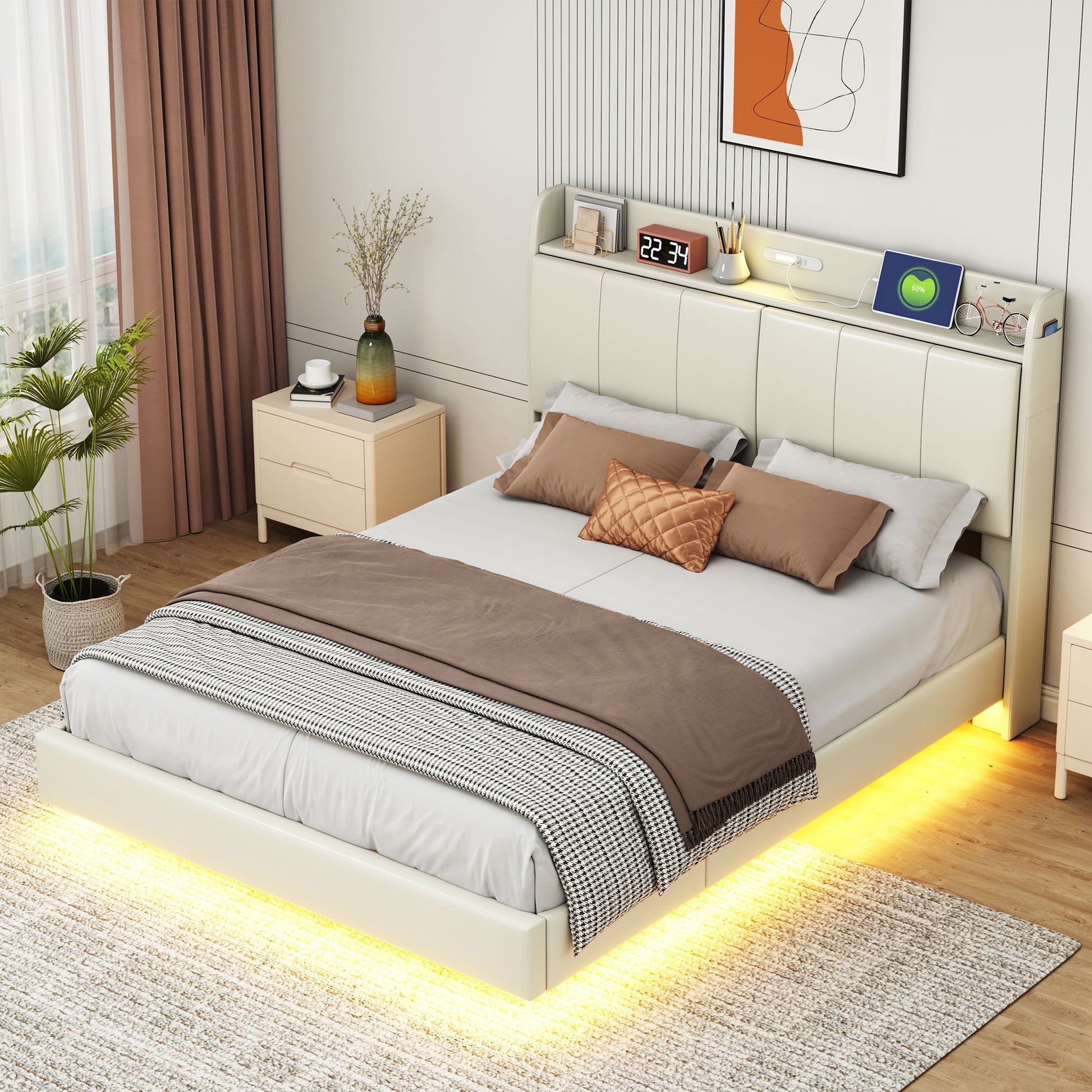 Queen Size Floating Bed Frame With Storage Headboard, Modern Upholstered Platform Bed With Touch Sensor Night Light And Usb Charger, Beige Queen Beige Bed Frame Wood