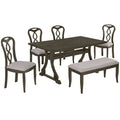 Retro 6 Piece Trestle Dining Table Set With Upholstered Dining Chairs And Dining Bench, Smooth Dining Backs For Dining Room, Living Room, Kitchen, Gray Gray Wood Dining Room Solid Wood Rubberwood Rectangular Dining Table With Chair And Bench Upholstered