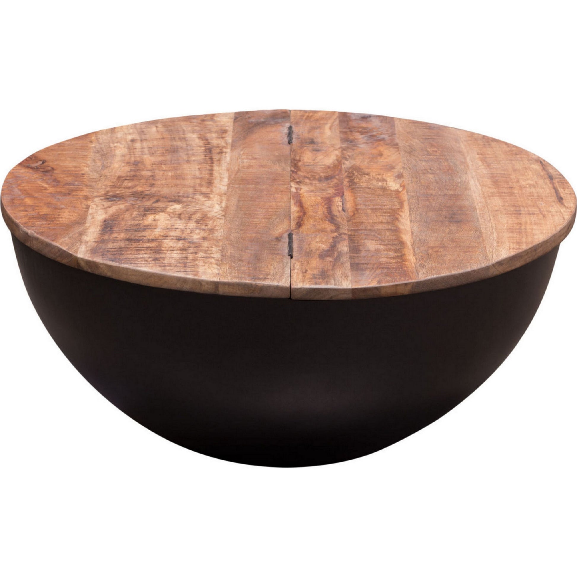 28 Inch Storage Coffee Table, Round Drum Silhouette, Brown Wood, Black Base Black Brown Wood