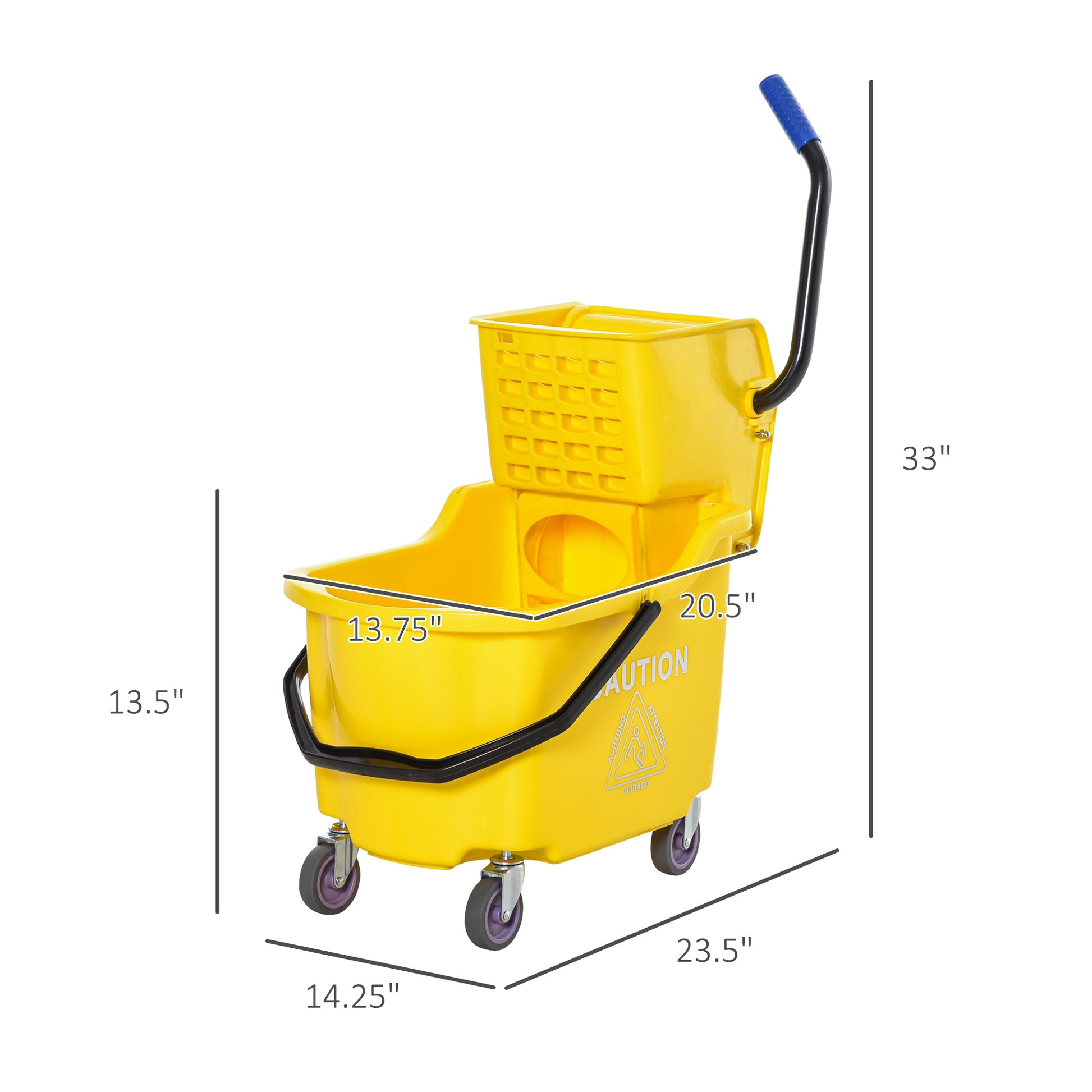 Homcom Mop Bucket Cart With Side Press Wringer, Metal Handle And 34 Quart Capacity, Yellow Yellow Iron Plastic