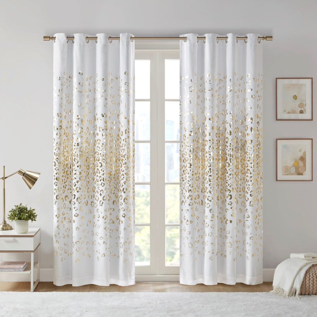 Grommet Top Metallic Animal Printed Total Blackout Curtain Only 1 Pc Panel White Gold Polyester