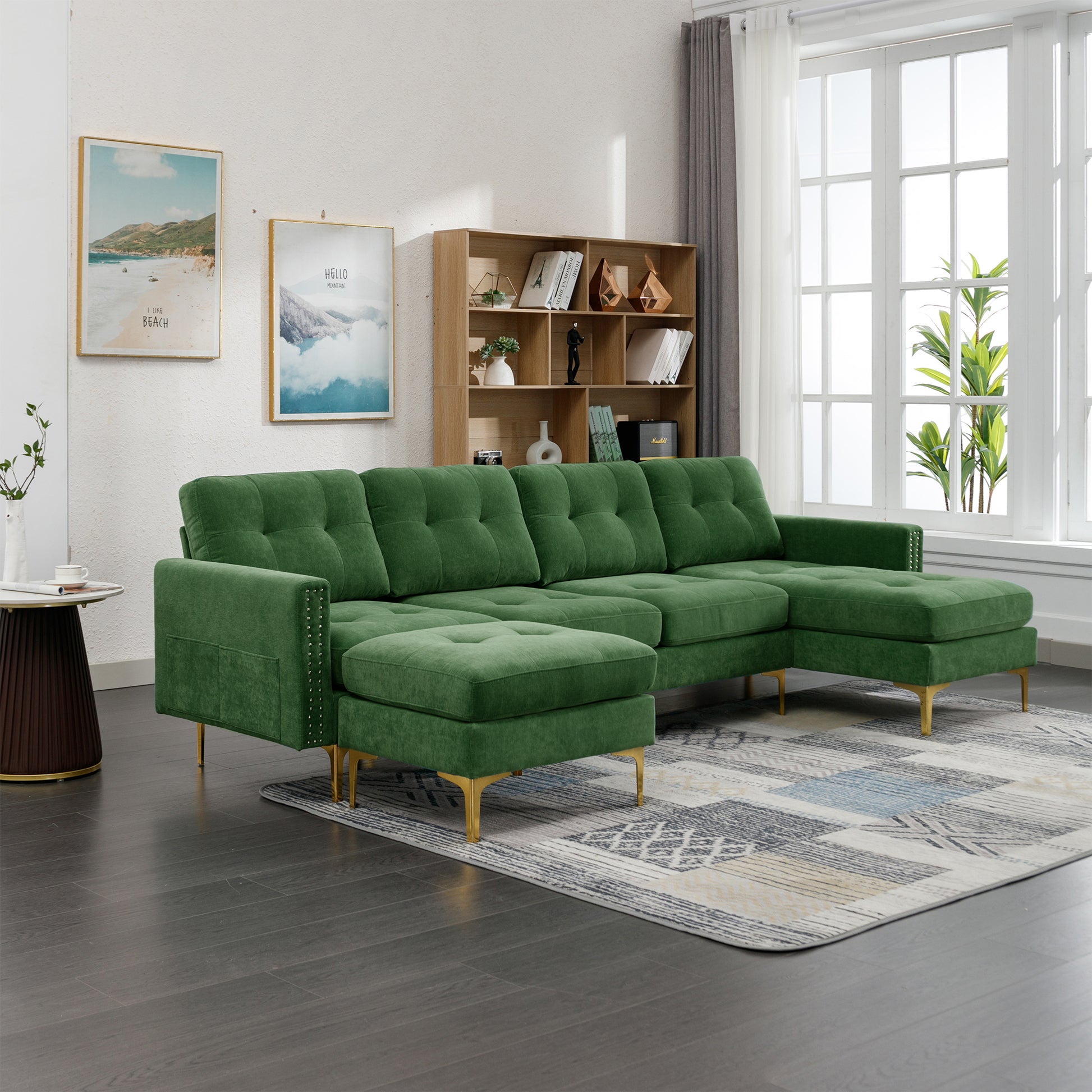 110" L Shape Convertible Sectional Sofa Couch With Movable Ottoman For Living Room, Apartment, Office, Green Green Foam Velvet 4 Seat