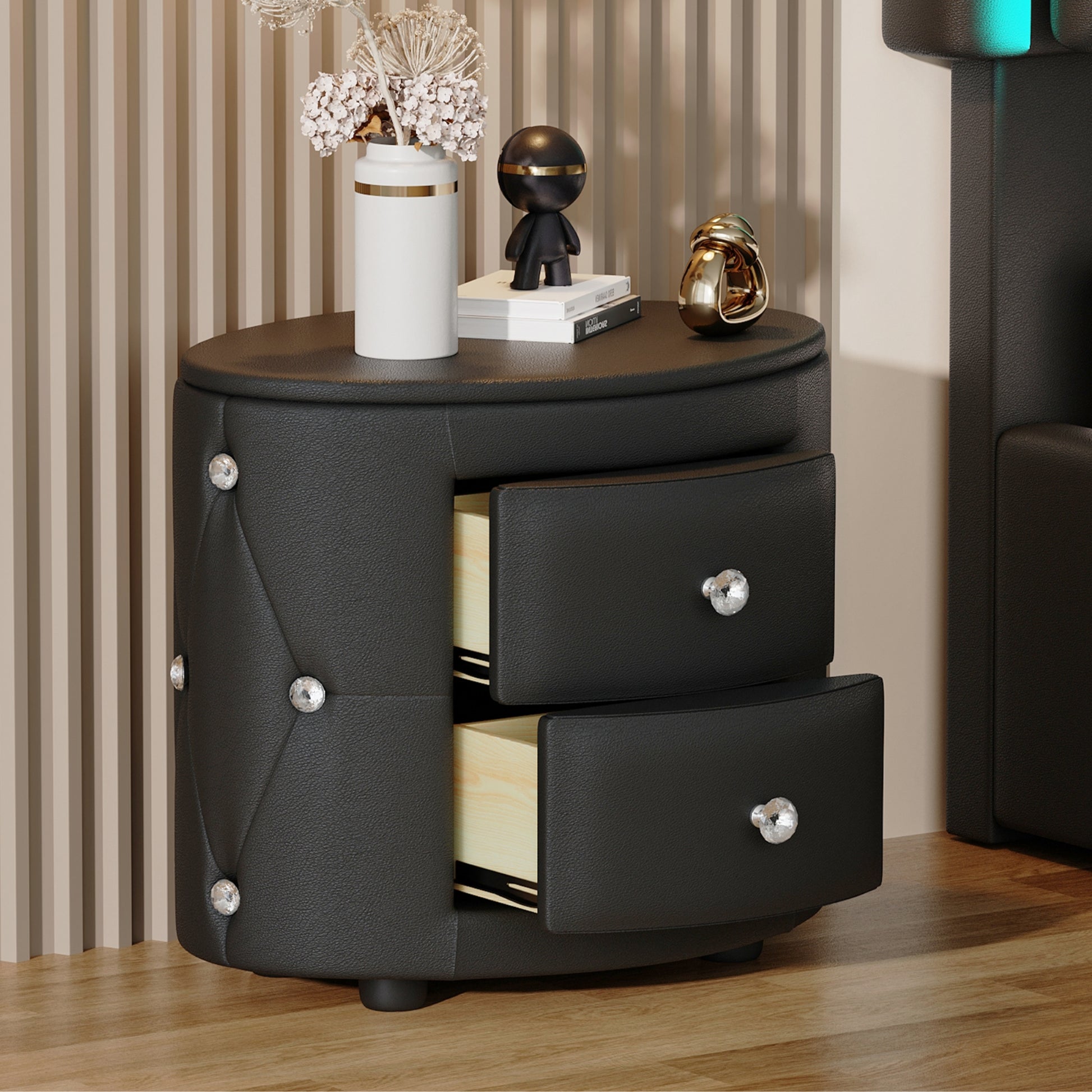 Elegant Pu Nightstand With 2 Drawers And Crystal Handle,Fully Assembled Except Legs&Handles,Storage Bedside Table Black Black Pu