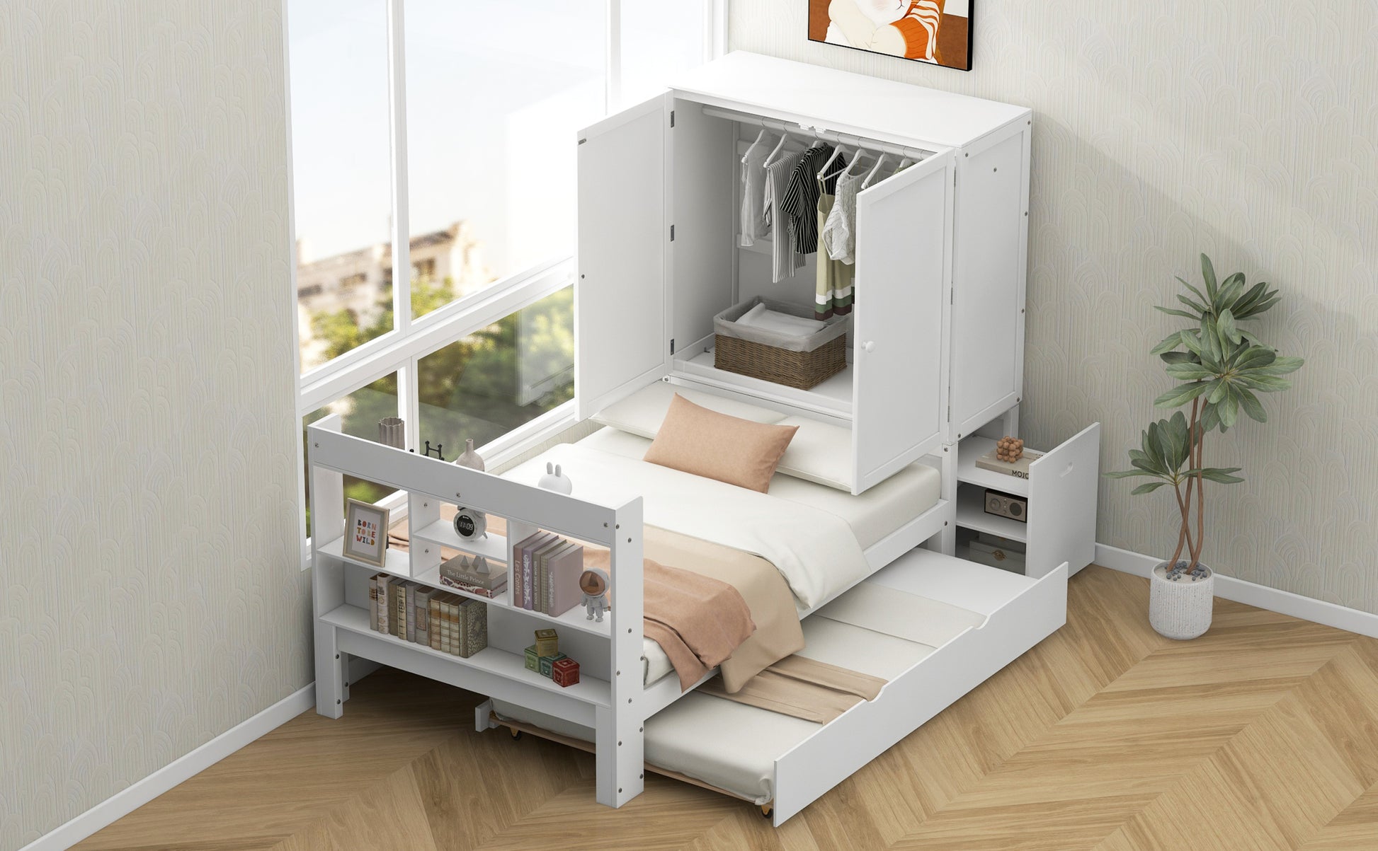 Twin Size Platform Bed With Storage Headboard And Footboard, Pull Out Shelves And Twin Size Trundle, White Box Spring Not Required Twin White Wood Bedroom Bed Frame Solid Wood Mdf