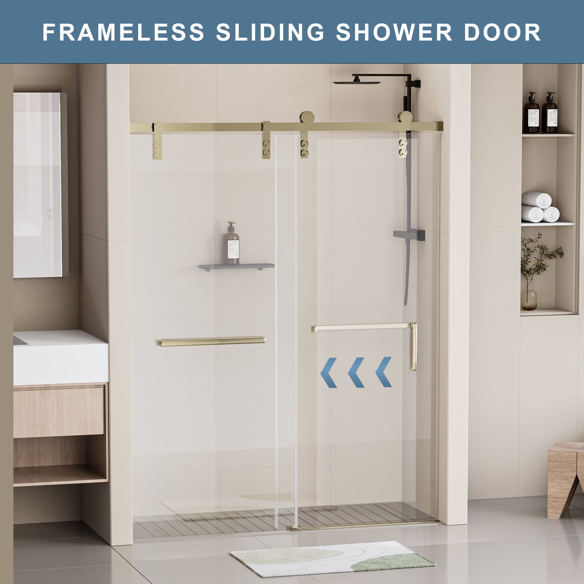 60" W X 76" H Frameless Soft Closing Shower Door, Single Sliding 5 16" 8Mm Clear Tempered Glass Shower Door With Explosion Proof Film, Stainless Steel Hardware, Gold 24D211 60G Combo Gold Tempered Glass