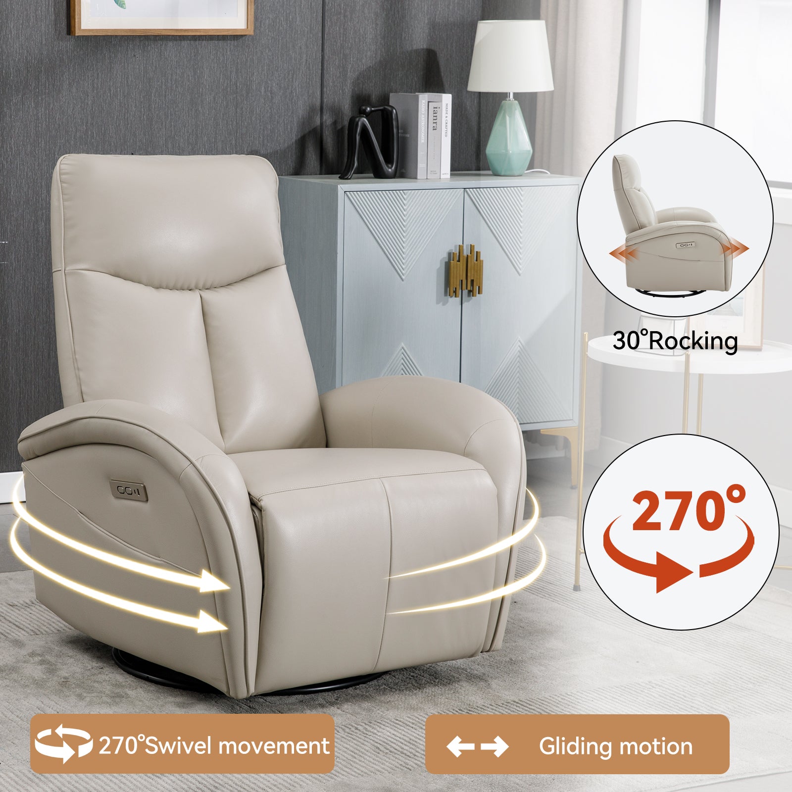 Beige Grey Leatheraire Swivel And Rocker Power Recliner Chair With Lumbar Support, Max Swivel Degree 270 , Heavy Duty Motion Mechanism With Usb And Type C Ports Beige Grey Faux Leather Power Push Button Metal Primary Living Space Medium Firm Pillow Back