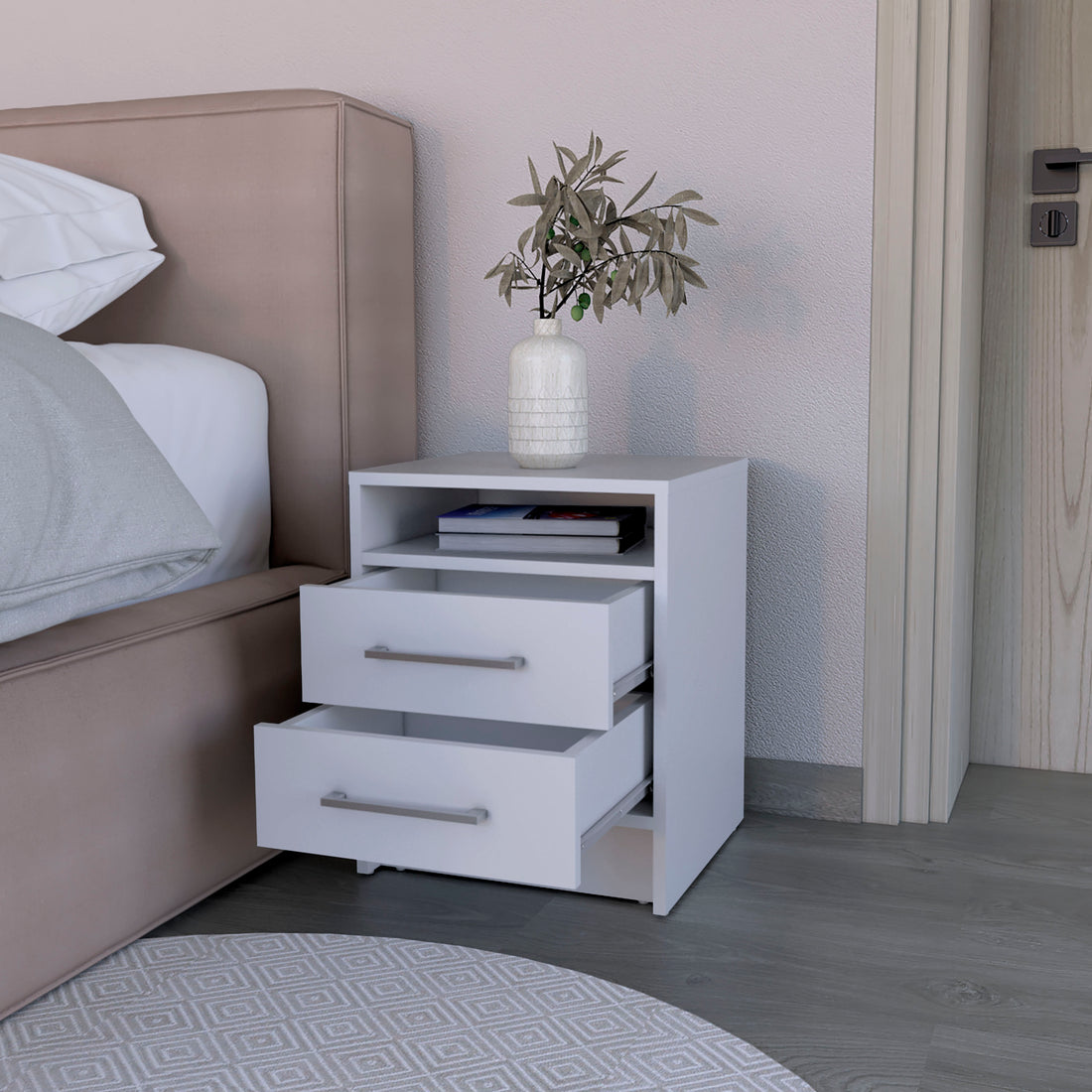 Nightstand Chase, Bedroom, White White 2 Drawers Bedroom Modern Engineered Wood