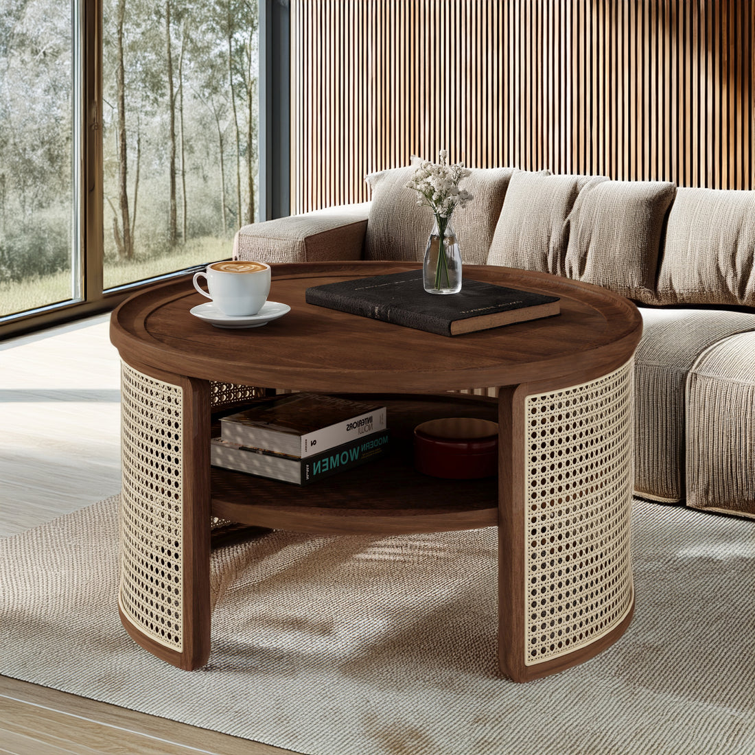 2 Tiered Round Walnut Wood Coffee Table With Storage Rattan Base In 31.3'' Walnut Rubber Wood