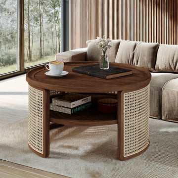 2 Tiered Round Walnut Wood Coffee Table With Storage Rattan Base In 31.3'' Walnut Rubber Wood