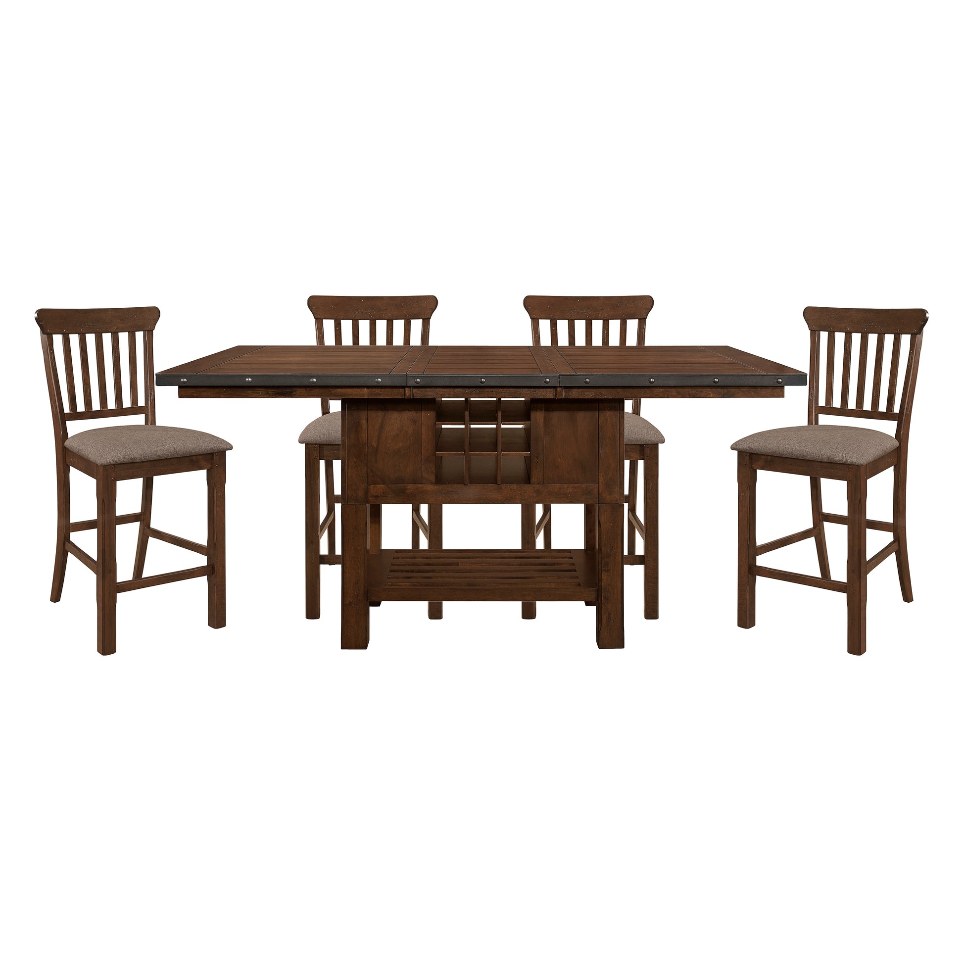 Dark Brown Finish 5Pc Dining Set Storage Base Counter Height Table And 4 Counter Height Chairs Set Extension Leaf Drawers Wine Rack Table Base Wooden Furniture Wood Wood Dark Brown Seats 4 Wood Dining Room Extendable Transitional Rectangular Dining Table