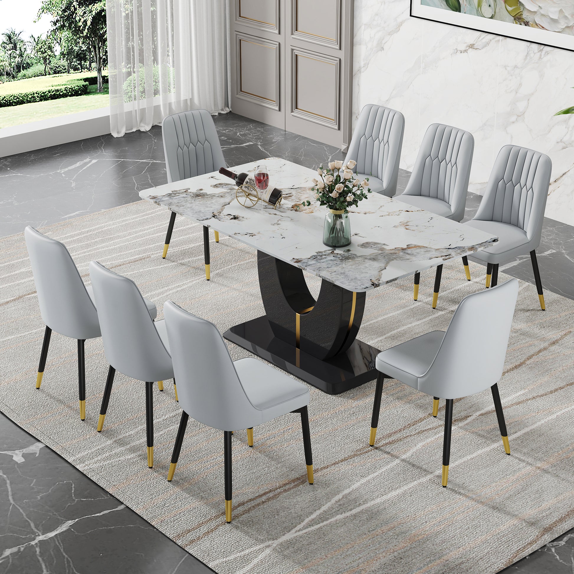 Table And Chair Set, Modern Dining Table, Patterned Table Top And Black Mdf Leg Table, Soft And Comfortable Dining Chair, Perfect For Dinner, Meetings, Home And Office Decor Grey Black Mdf Glass