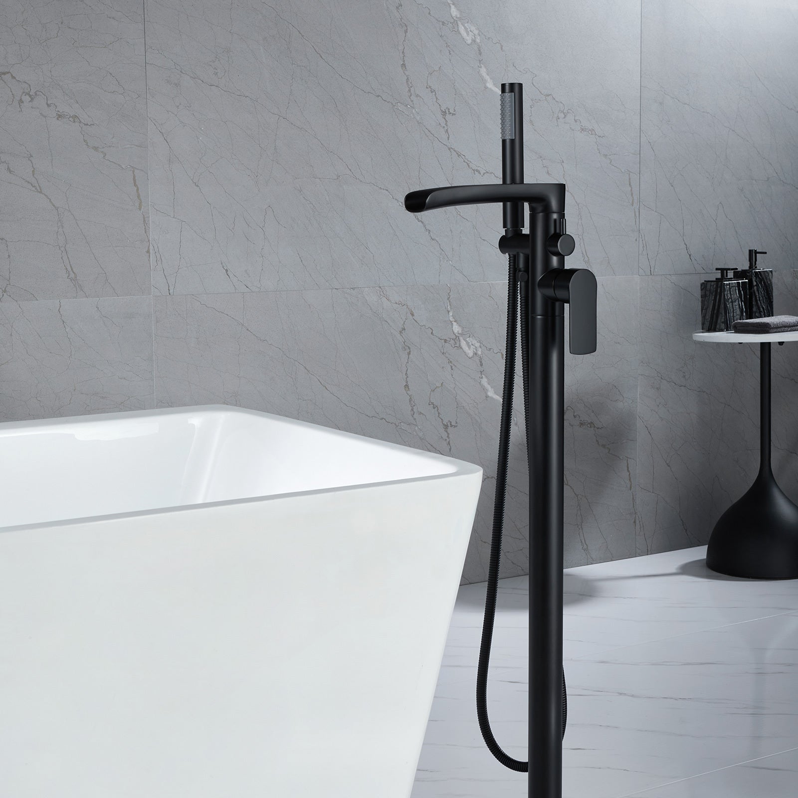 Matte Black Freestanding Floor Mount Bathtub Filler With Single Handle And Hand Shower Matte Black Brass