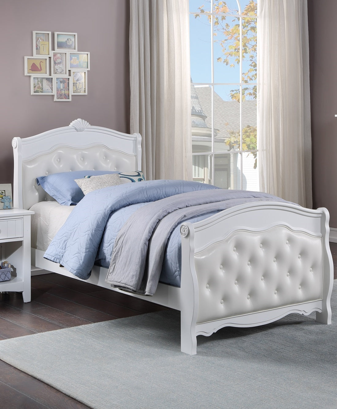 White Twin Size Bed Youth Bedroom Furniture White Faux Leather Headboard Footboard Plywood 1Pc Bedframe Box Spring Required Twin White Wood Bedroom Classic,Traditional Pine Bed Frame Faux Leather Plywood