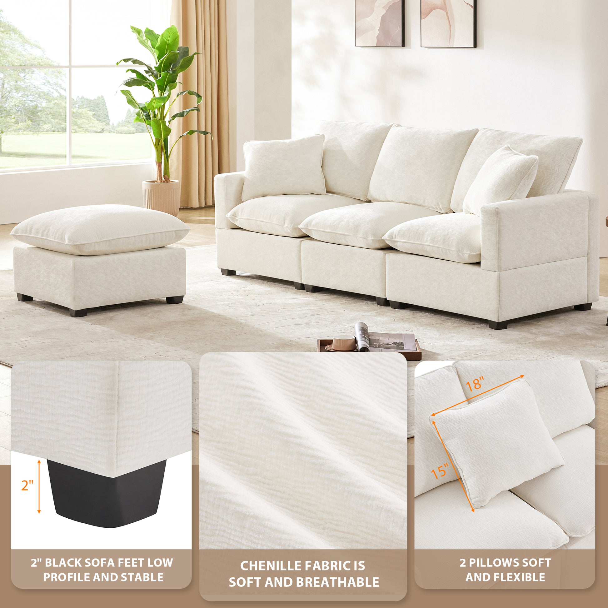 84*57" Modern Modular Sofa, 4 Seat Chenille Sectional Couch Set With 2 Pillows Included, Freely Combinable Indoor Funiture For Living Room, Apartment, Office, 2 Colors White Chenille 4 Seat