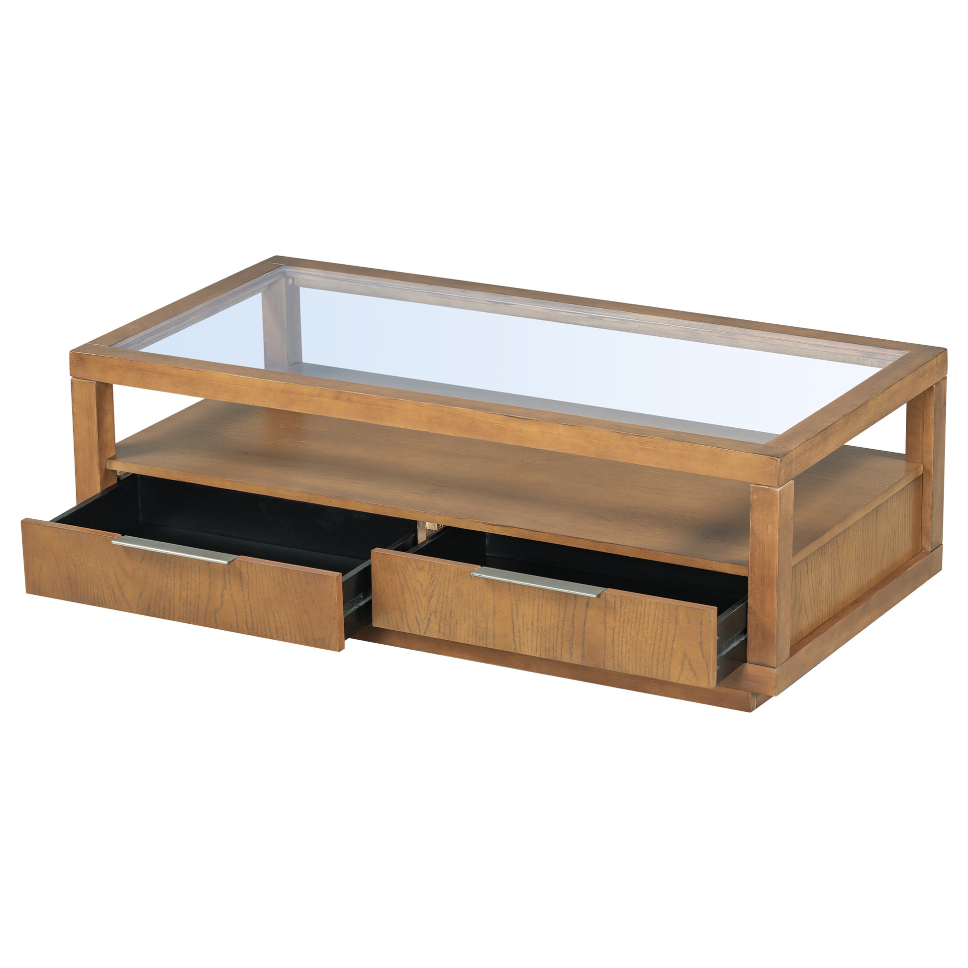 Modern Wood Coffee Table With 2 Drawers ,Minimalist Display Coffee Table With Transparent Tempered Glass, Open Storage Shelf For Living Room Brown Solid Wood Mdf