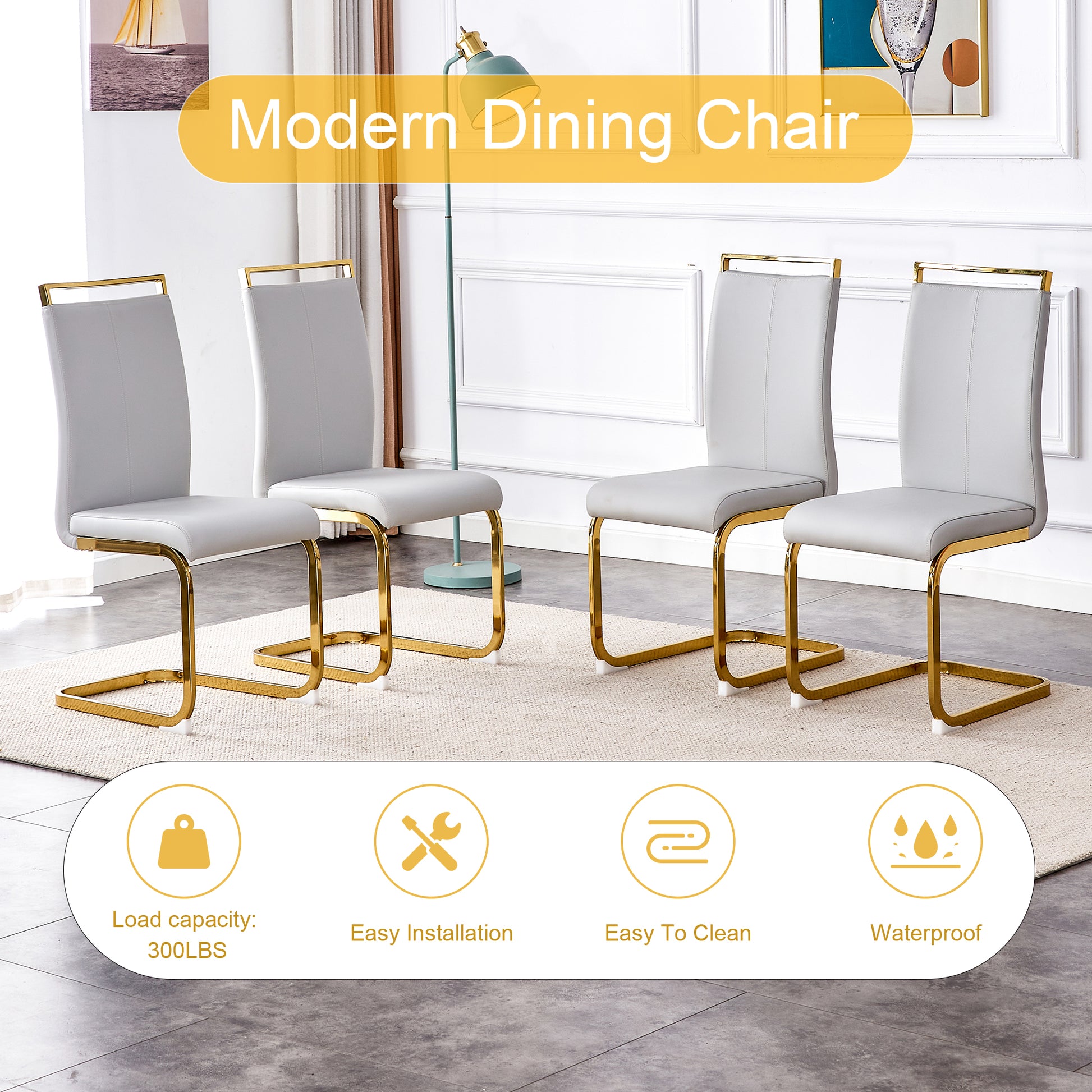 Table And Chair Set.67"X36" White Marble Pattern Mdf Dining Table Set With 6 Light Gray Pu Chairs.Mdf Sticker,White Marble Pattern Sticker,Gold C Tube Chair Legs,Suitable For Kitchen,Dining