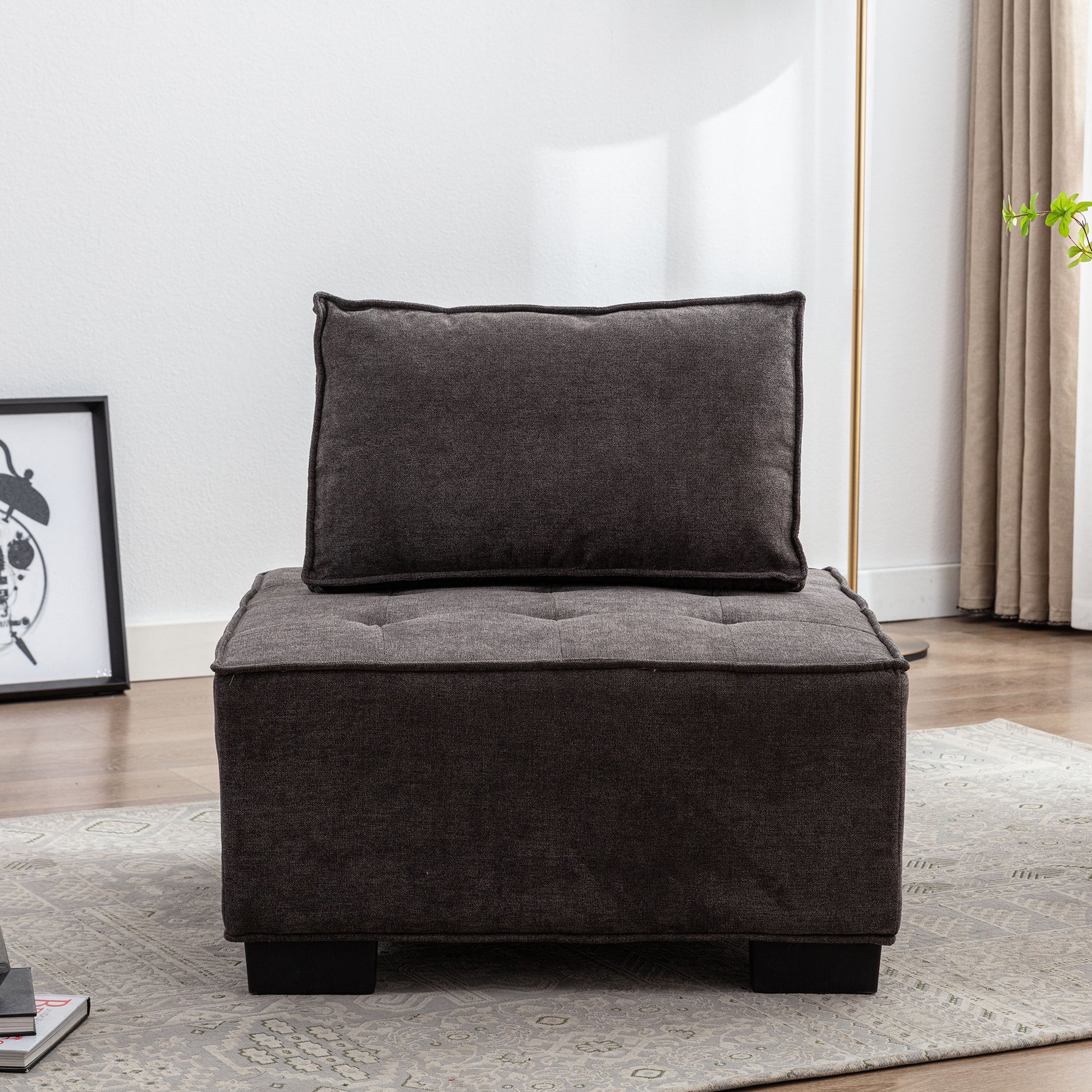 Coolmore Modern Upholstered Chair Leisure Sofa Lazy Sofa Plastic Legs And Pillow Removable Armless Accent Chair For Living Room,Bedroom,Office Grey Linen Grey Foam Linen