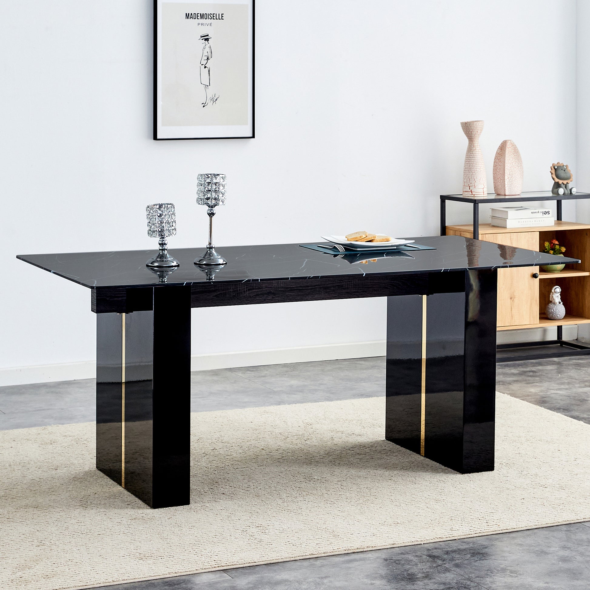 Large Modern Rectangular Table With 0.39 "Black Patterned Top And Large Mdf Legs, Suitable For Kitchen, Dining And Living Room 71" * 35.4 "* 30" 1546 Black Mdf Glass