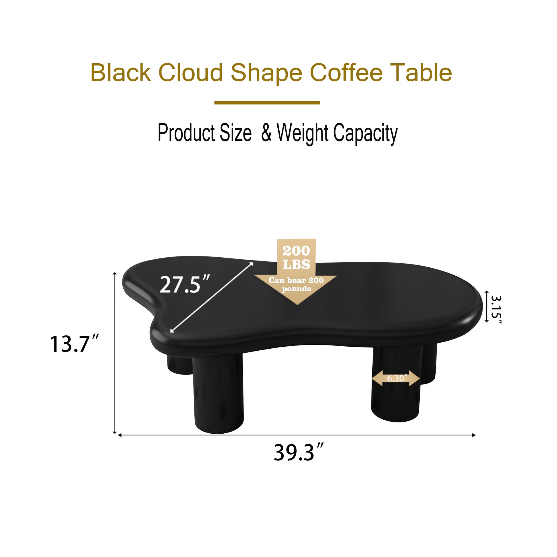 40 Inch Black Cloud Shaped Coffee Table For Living Room Matte Black Primary Living Space Modern Lacquered Mdf