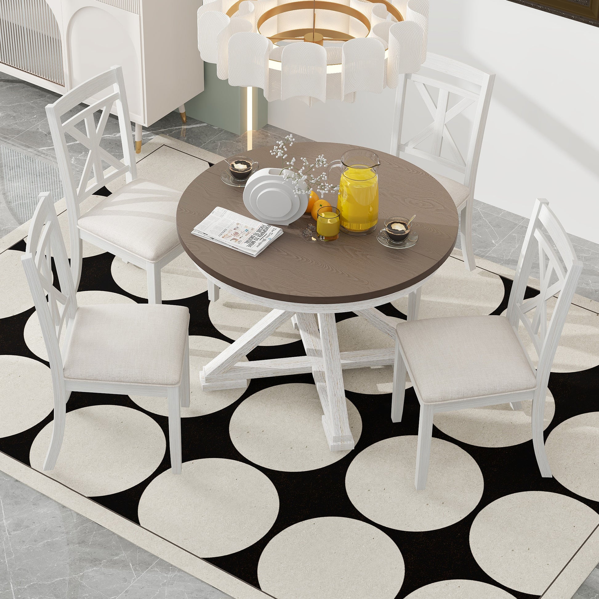 5 Piece Retro Functional Dining Table Set Extendable Round Table And 4 Upholstered Chairs For Dining Room And Living Room Brown Antique White Brown Antique White Solid Wood