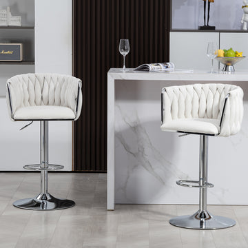 360 Fabric Cover Swivel Bar Stools Set Of 2, Adjustable Counter Height Bar Chairs With Woven Back & Footrest,Silver Chromed Bar Stools For Kitchen Island, Cafe, Pub Beige Beige Kitchen Modern Foam Fabric