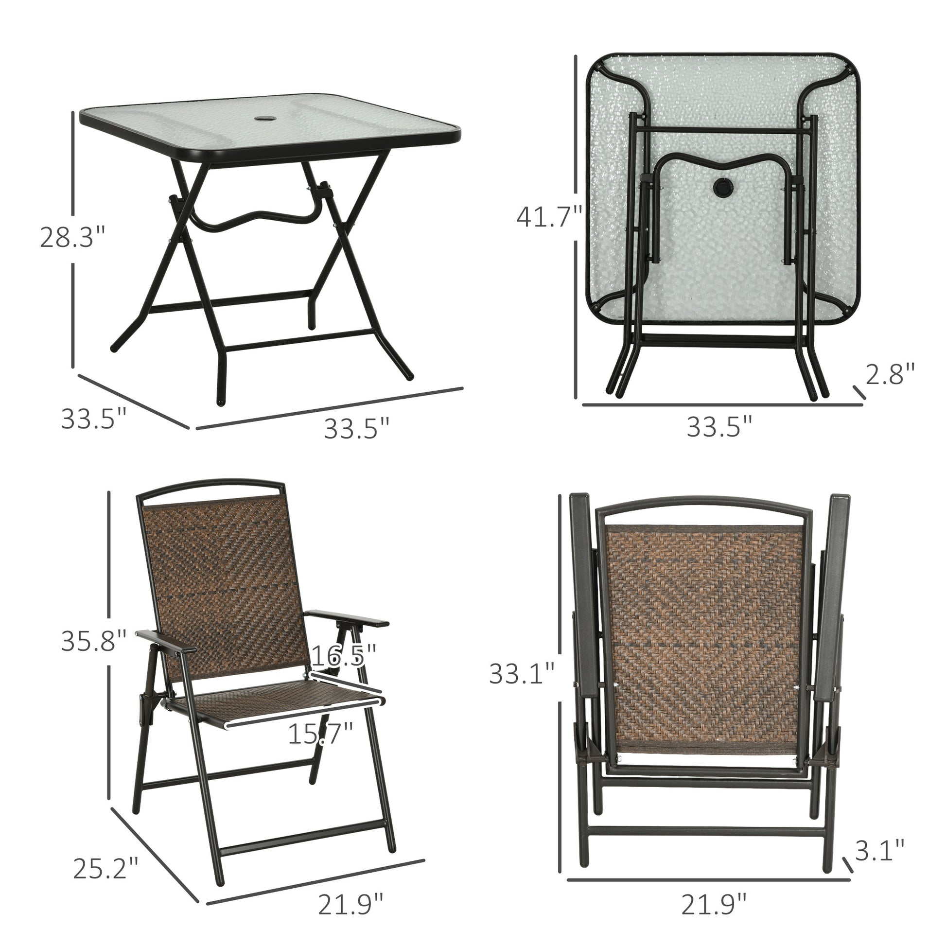 Outsunny 5 Pieces Wicker Patio Dining Set, Foldable Outdoor Table And Chairs, Wicker Furniture Dining Set With Umbrella Hole, Tempered Glass Table, Dark Brown Brown Rattan