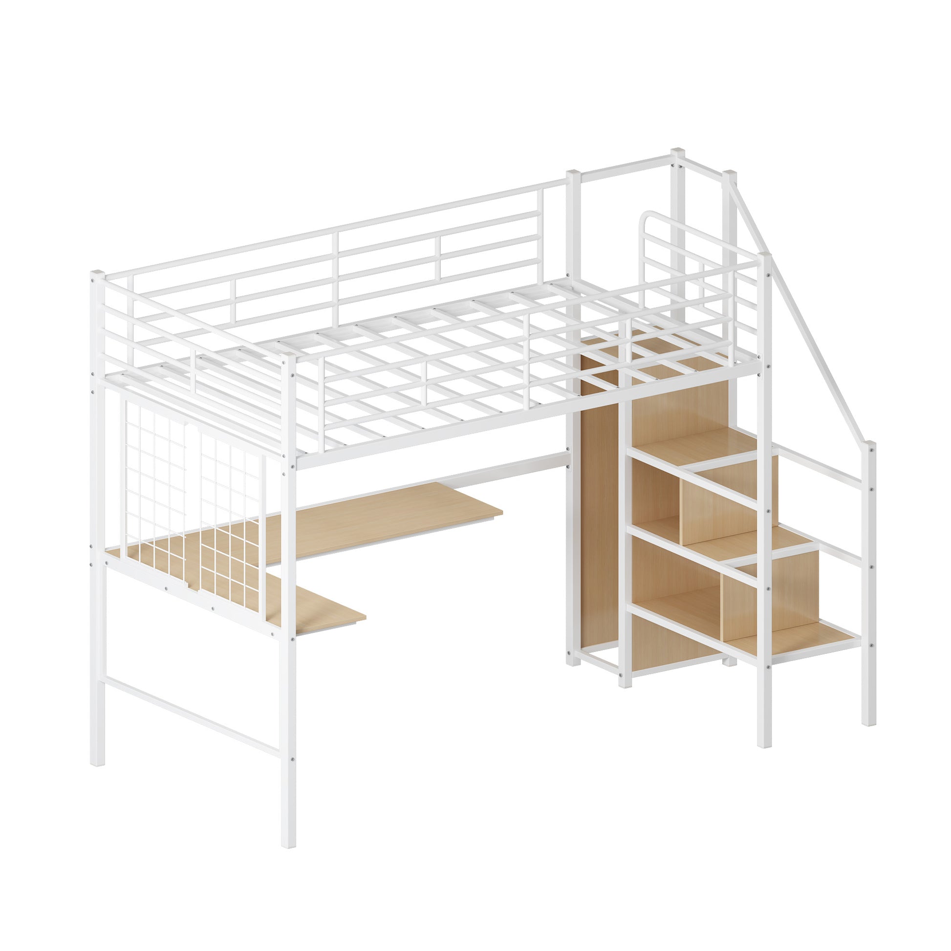 Twin Loft Bed With Desk And Storage Wardrobe, Heavy Duty Loft Bed With Stairs And Metal Grid, Twin Size Loft Bed, No Box Spring Needed, White Loft Bed Twin Size White Box Spring Not Required Twin