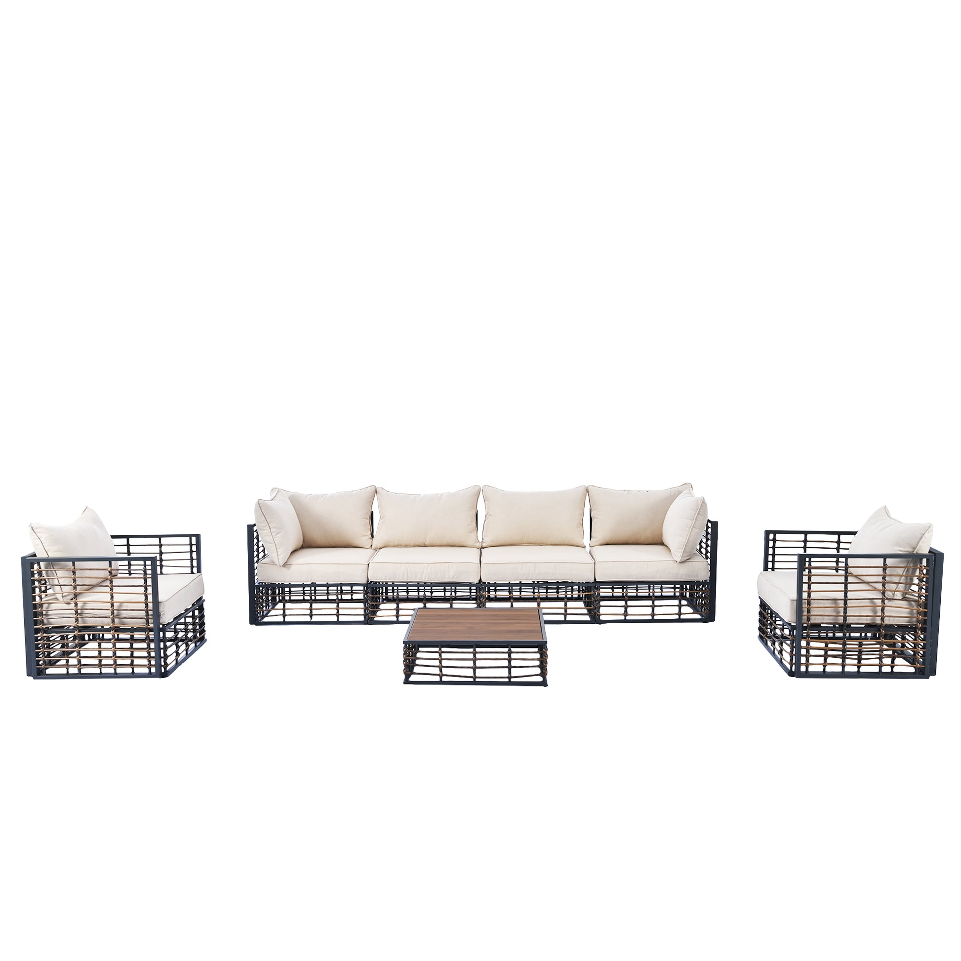 Modern Minimalist 7 Piece Metal Patio Sectional Sofa Set, All Weather Garden Conversational Furniture Set With Thick Cushions And Coffee Table For Indoor Outdoor, Gray Yes Deep Seating White Weather