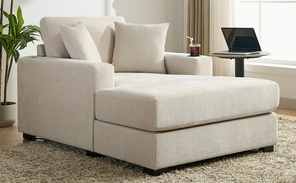 43.5" Oversized Chaise Lounger Modern Style Sofa Couch ,With Pillows, Charge Station & Cup Holders, Chenille Fabric, Cream Cream Chenille