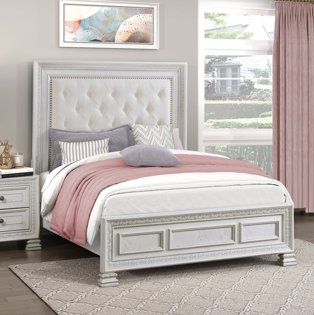 Classic Luxury Pearl White Finish Queen Bed Button Tufted Upholstered Headboard Bedroom Furniture 1Pc, Dart Molding Design Panels Box Spring Required Queen White Wood Bedroom Bed Frame Polyester