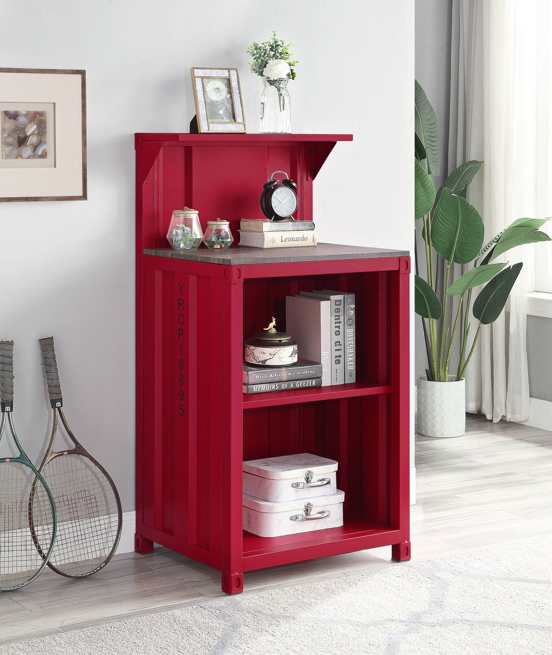 Red 3 Shelf Reception Desk Red Computer Desk Office Freestanding Rectangular Shelves Wood Metal