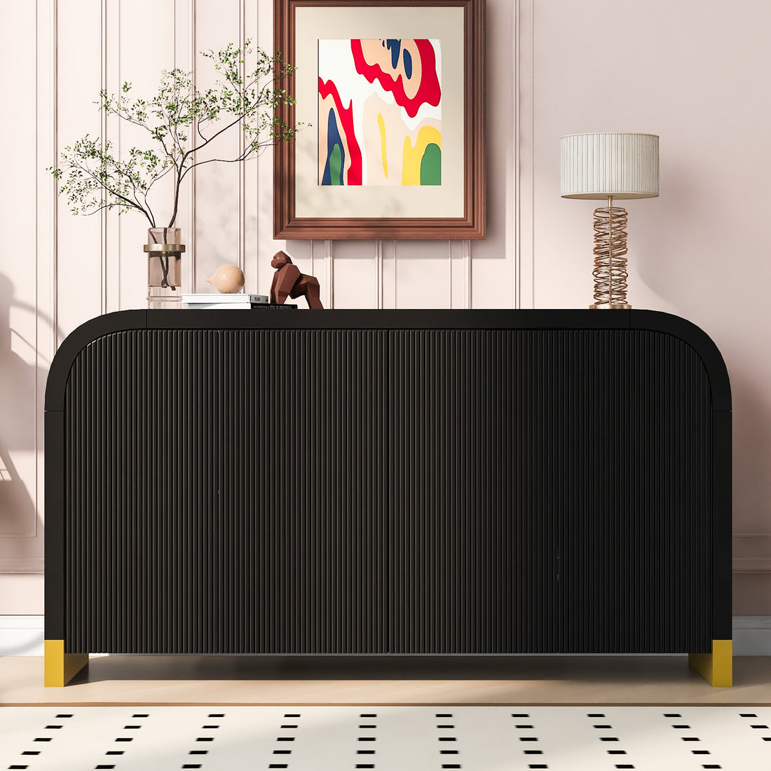 4 Door Curved Corner Design Wavy Door Panel Cabinet With Adjustable Shelves, Suitable For Study, Living Room And Entrance Black Mdf