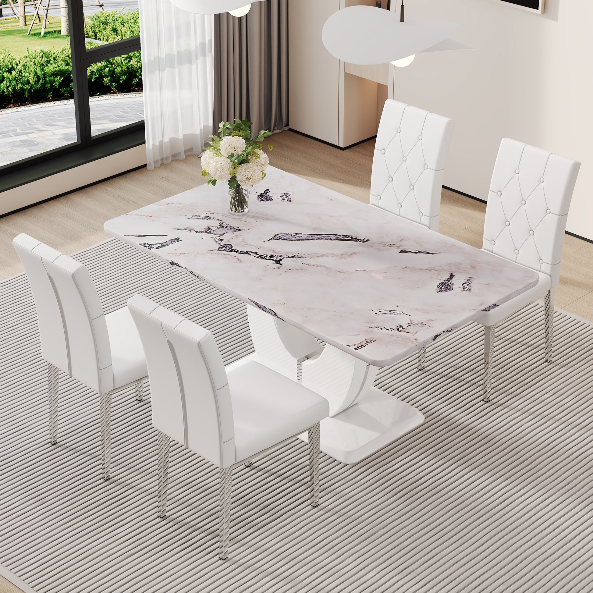 Table And Chair Set, Modern Minimalist White Marble Textured Rectangular Dining Table. Suitable For Restaurants And Living Rooms. Soft Cushion Seats.F 1280 White Mdf