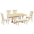 Traditional 6 Piece 78Inch Trestle Extendable Dining Table Set With One 18Inch Removable Leaf, Padded Dining Chairs And Bench,Natural Wood Dining Room Solid Wood Rubberwood Rectangular Dining Table With Chair And Bench Upholstered Chair Wood Natural Slat