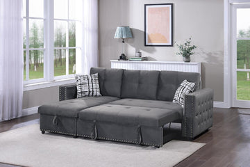 Gray Velvet Convertible Sectional Sofa Pull Out Bed Couch Storage Chaise Tufted Reversible 2Pc Sectional Living Room Gray Primary Living Space Tufted Back Contemporary,Modern L Shaped Square Arms Velvet 4 Seat