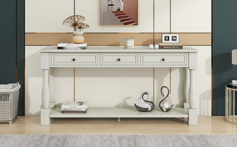 Console Table 63" Long Console Table With Drawers And Shelf For Entryway, Hallway, Living Room Antique White, Old Sku: Wf193795Aak Antique White Solid Wood