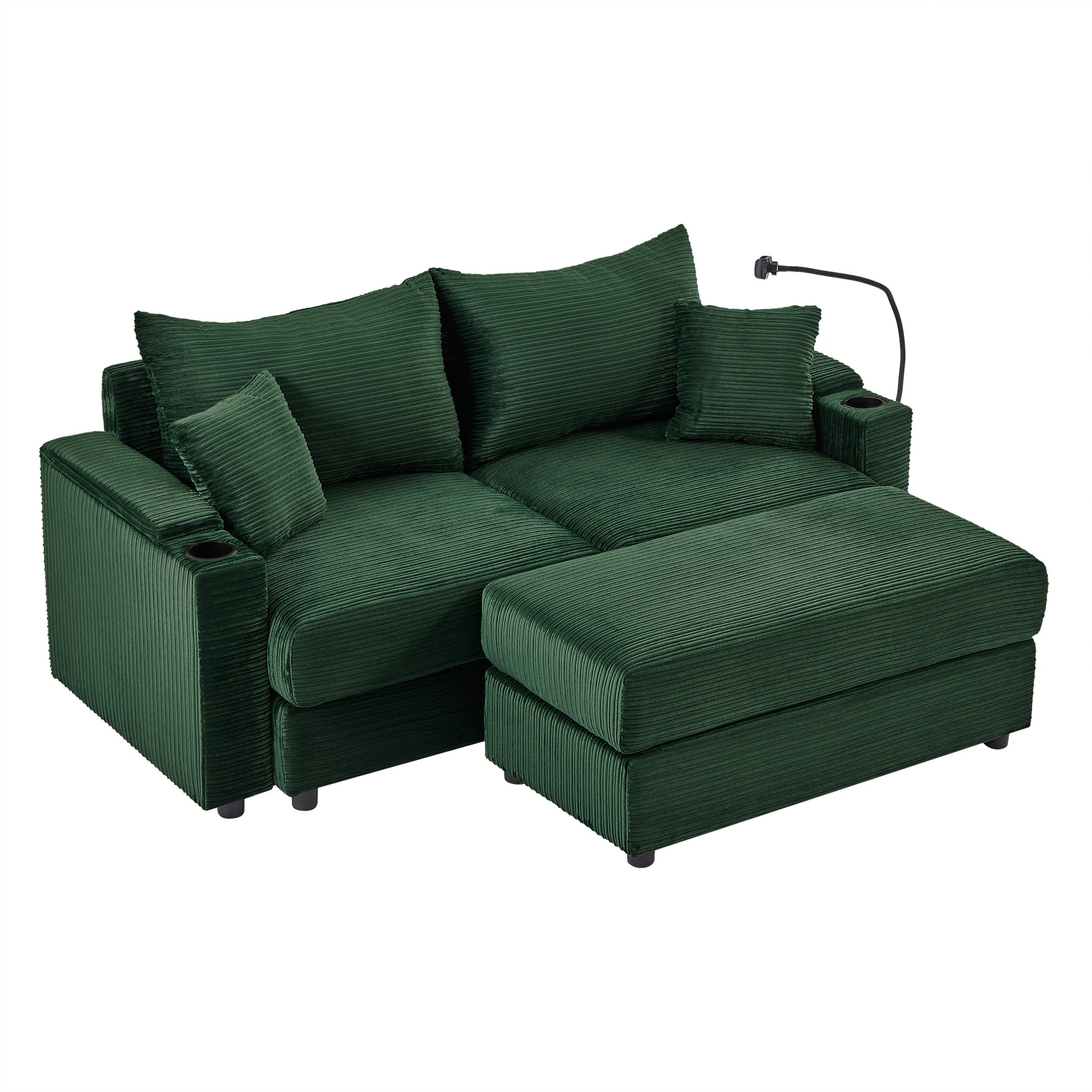 72.8" Modern Style Loveseat Sofa Sectional Sofa Couch With Storage Space, A Movable Ottoman, Two Usb Ports, Two Cup Holders, A Phone Holder For Living Room, Green Green Foam Corduroy 3 Seat