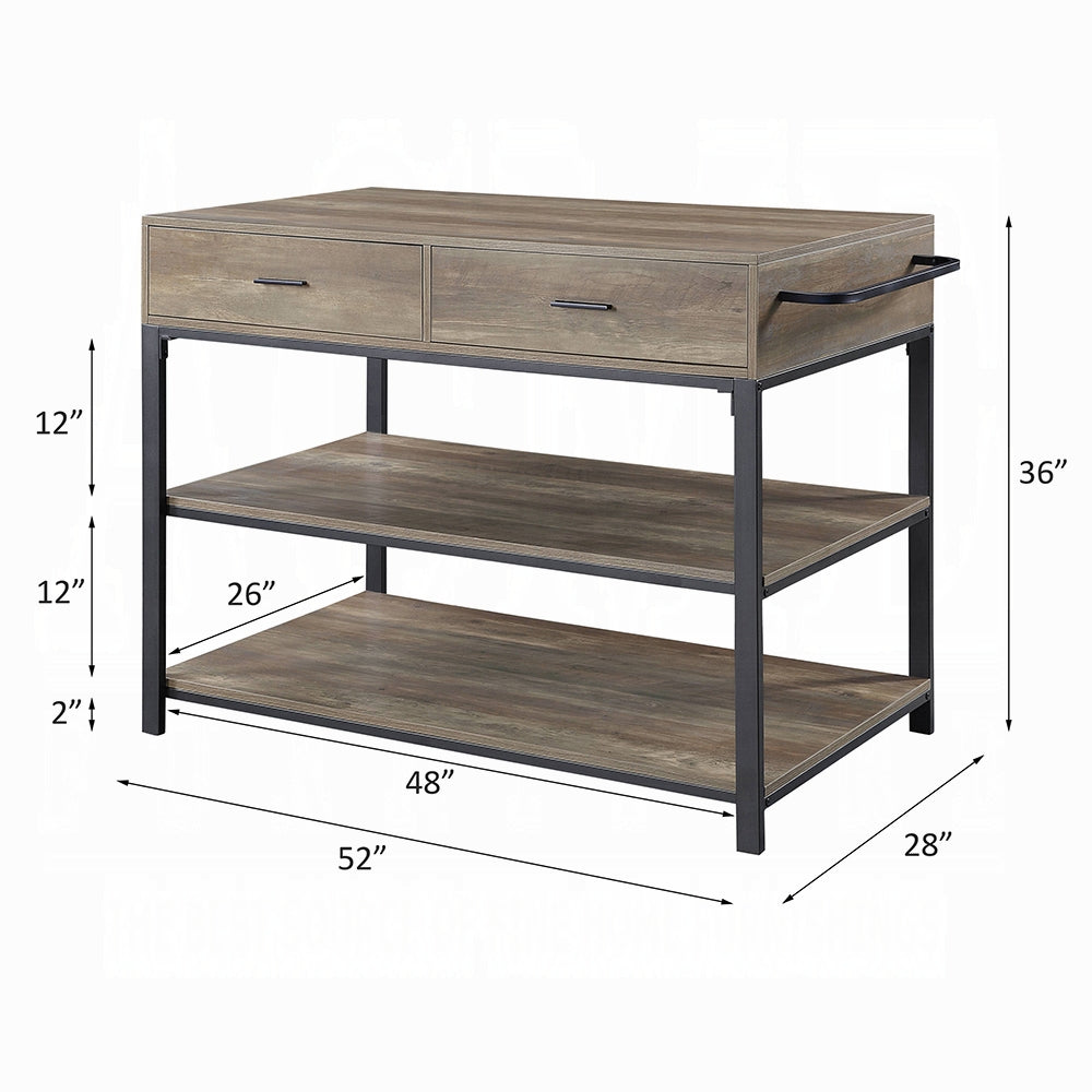 Rustic Oak And Black 2 Drawer Kitchen Island With Shelf Rustic Dining Room Rectangular Stationary Kitchen Islands Wood Metal Medium 40 55In