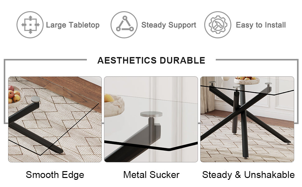 Table And Chair Set.Modern Rectangular Glass Dining Table With 0.39" Tempered Glass Tabletop And Black Metal Legs.Paired With Multiple Chairs Designed With Pu Cushions And Black Metal Legs. White Black Seats 4 Tempered Glass