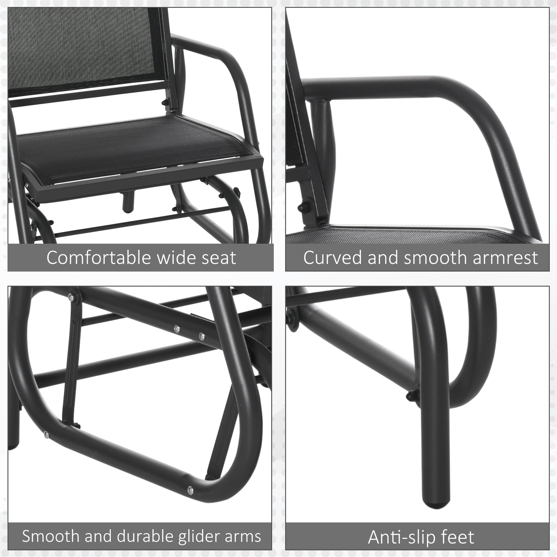 Outsunny Porch Glider Set Of 2, Metal Frame Swing Glider Chairs Withmesh Fabric, Curved Armrests And Steel Frame For Garden, Poolside, Backyard, Balcony, Black Black Steel