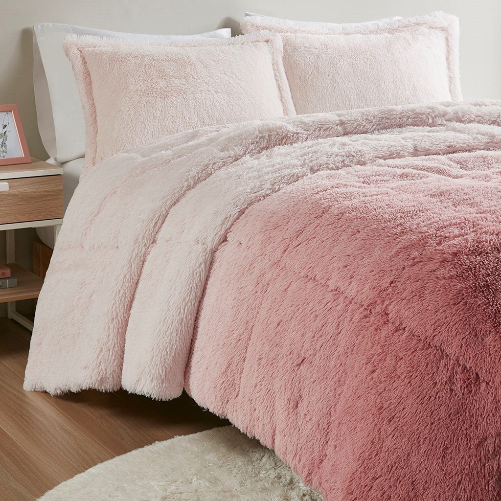 Ombre Shaggy Long Fur Comforter Mini Set Queen Blush Polyester