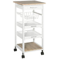 Homcom Mobile Kitchen Cart, Rolling Kitchen Island With Storage, Solid Wood Frame Utility Cart With Wire Fruit Baskets, Trays And Drawer, White White Mdf