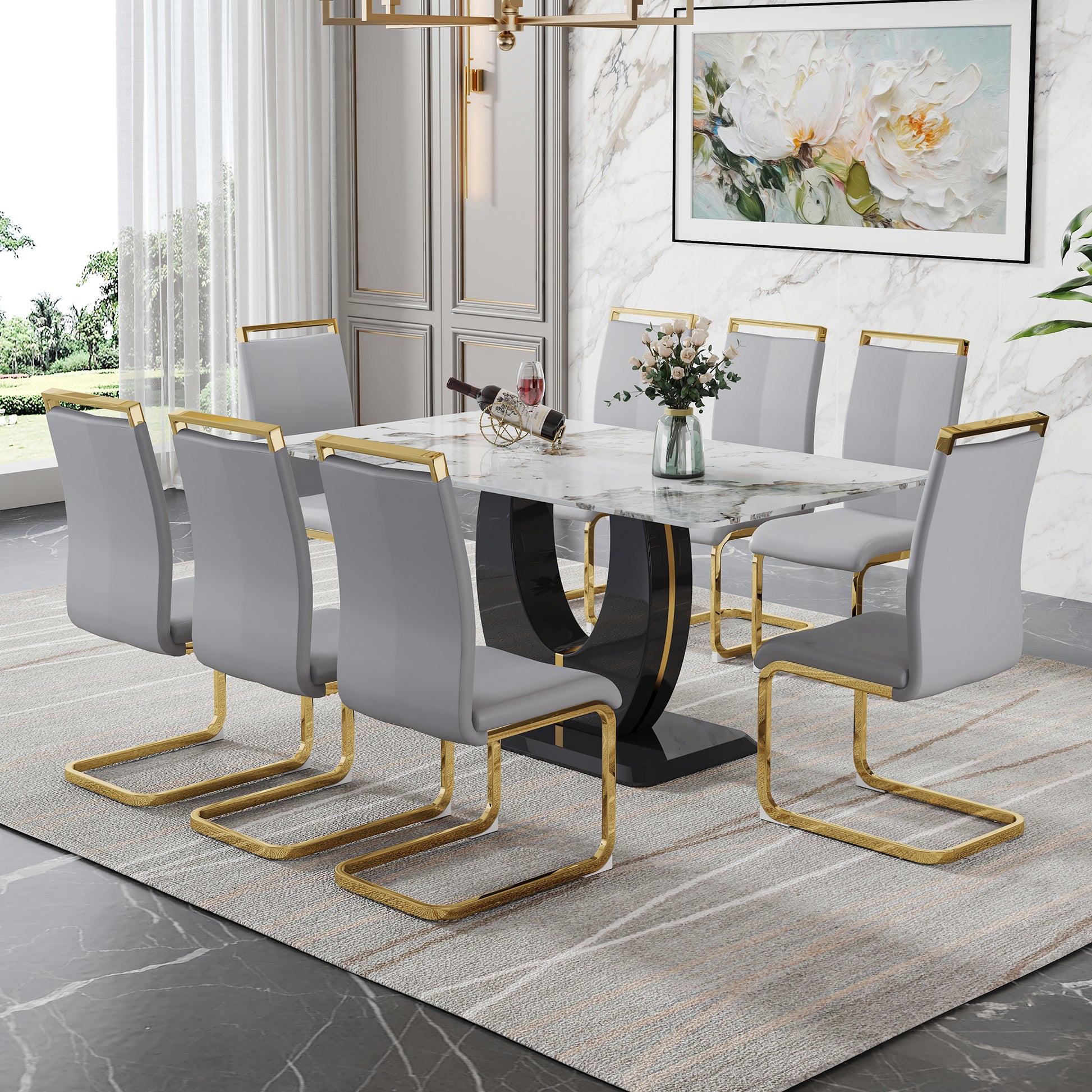 Table And Chair Set, Modern Dining Table, Patterned Table Top And Black Mdf Table Leg, Soft And Comfortable Dining Chair, Perfect For Dinner, Meetings, Home And Office Decor Black Grey Mdf Glass