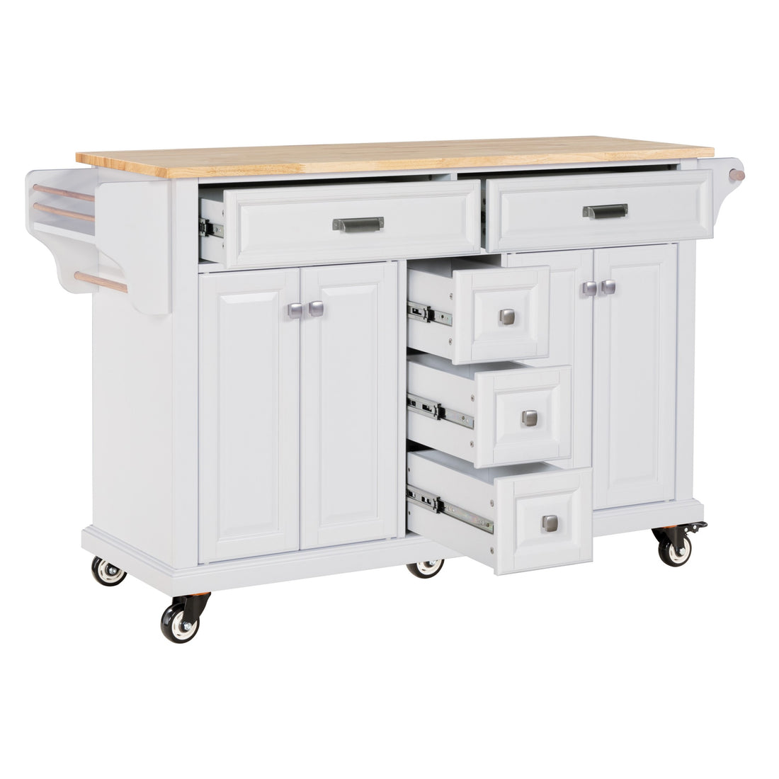 Kitchen Island With Rubber Wood Countertop, Kitchen Cart On 5 Wheels With Storage Cabinet And 5 Drawers For Dinning Room, White White Dining Room Rectangular Rubberwood Solid Wood Mdf Large 56 In