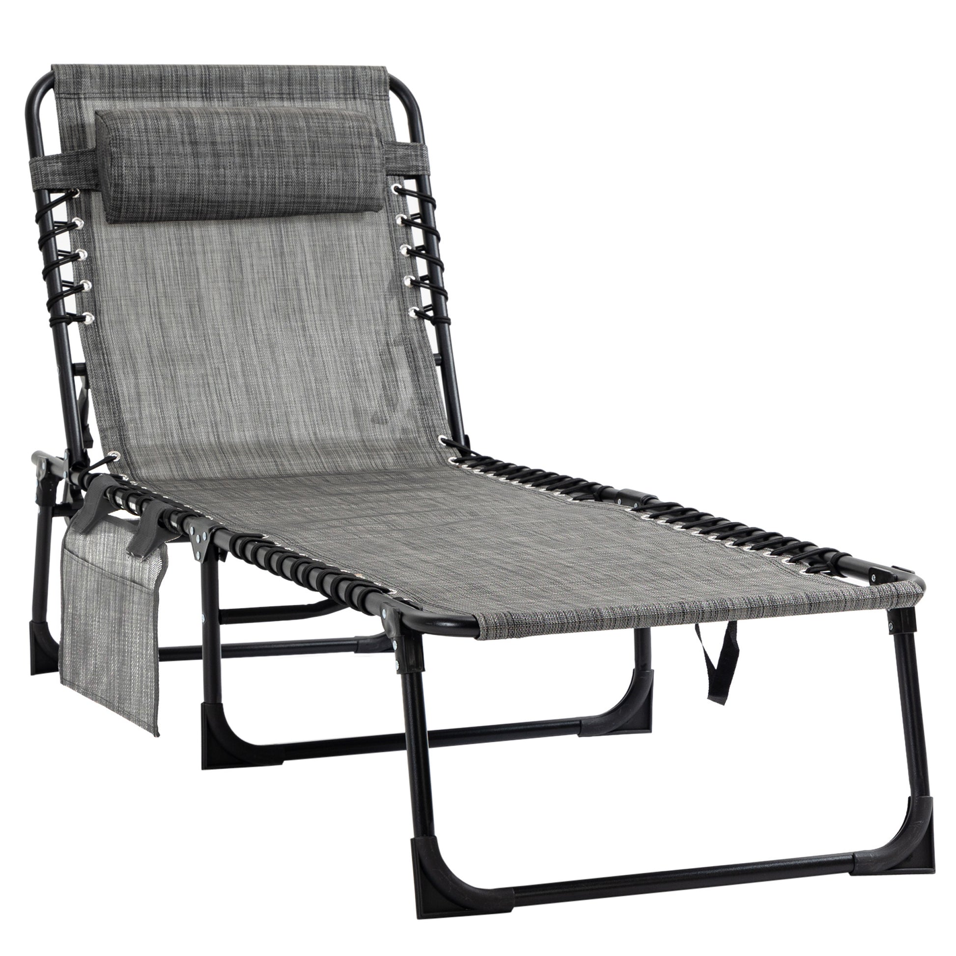 Outsunny Reclining Chaise Lounge Chair, Portable Sun Lounger, Folding Camping Cot, With Adjustable Backrest And Removable Pillow, For Patio, Garden, Beach, Grey Gray Fabric